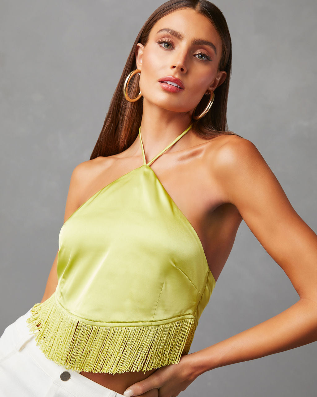 Viva La Vida Satin Fringe Hem Halter Top-Matylis