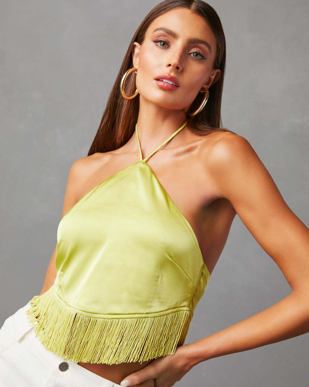 Viva La Vida Satin Fringe Hem Halter Top-Matylis