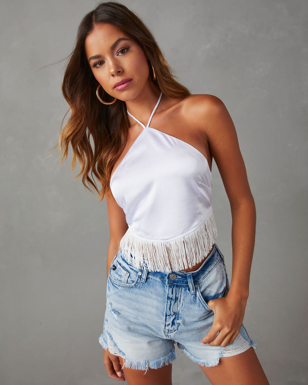 Viva La Vida Satin Fringe Hem Halter Top-Matylis