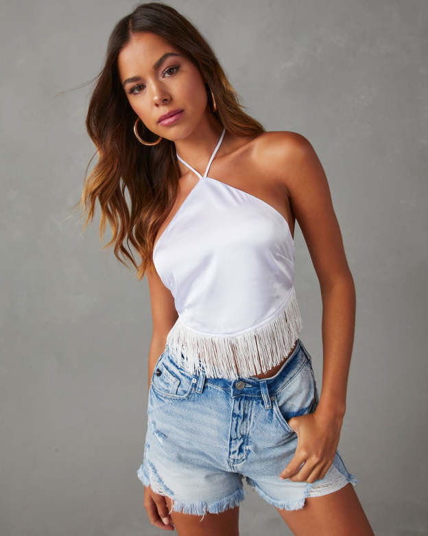 Viva La Vida Satin Fringe Hem Halter Top-Matylis
