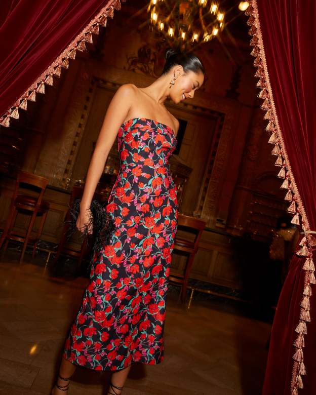 Thalia Strapless Floral Midi Dress-Matylis