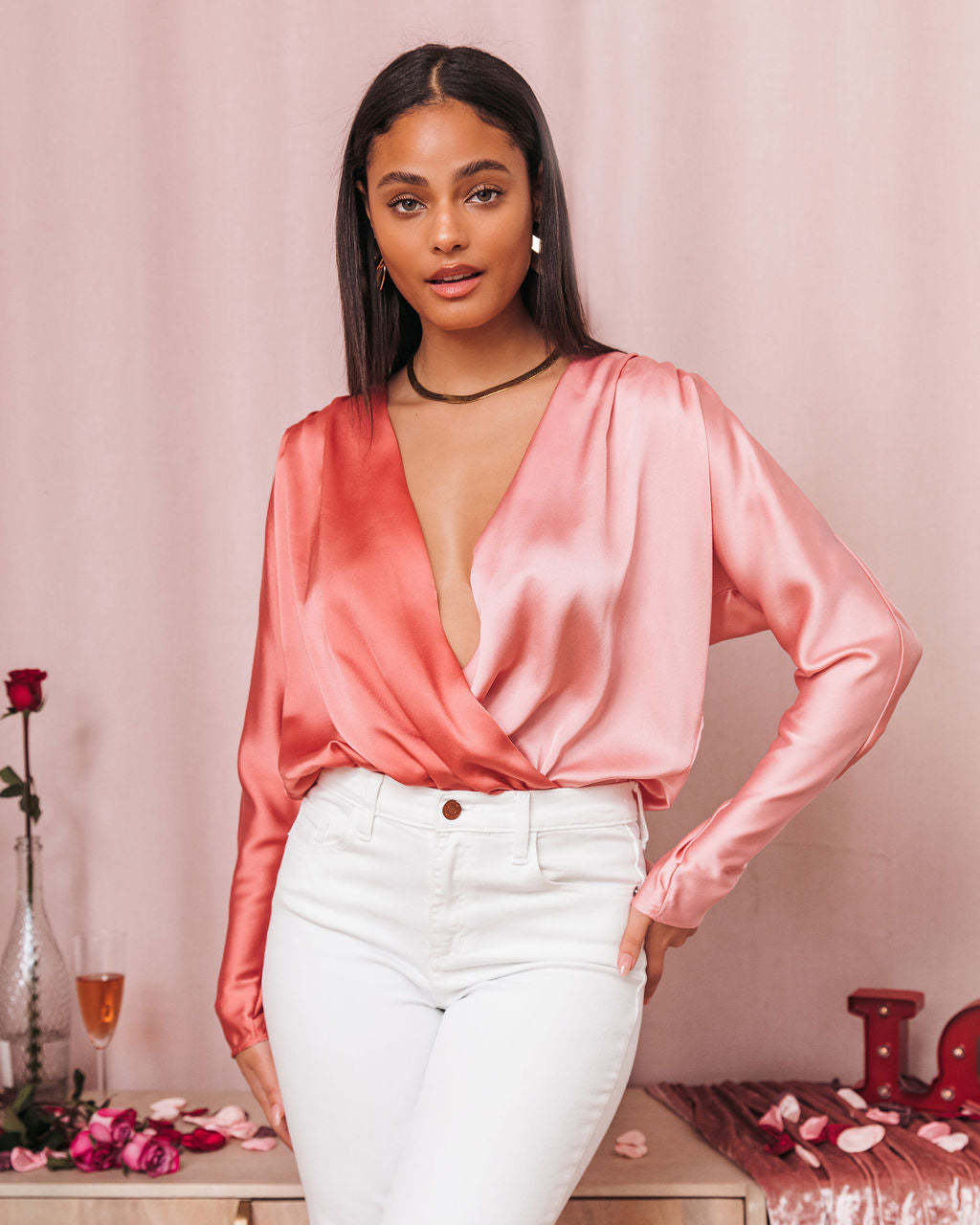 Two Sides Satin Drape Bodysuit-Matylis