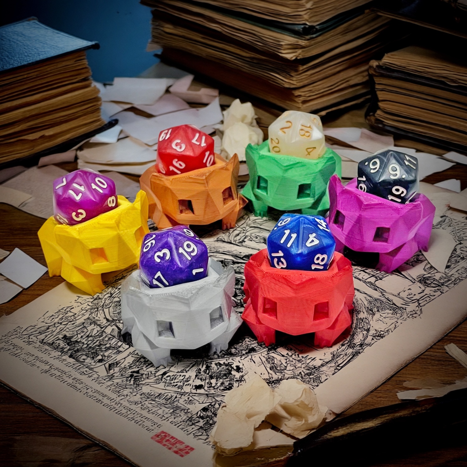 Six frog shaped dice storage ornament