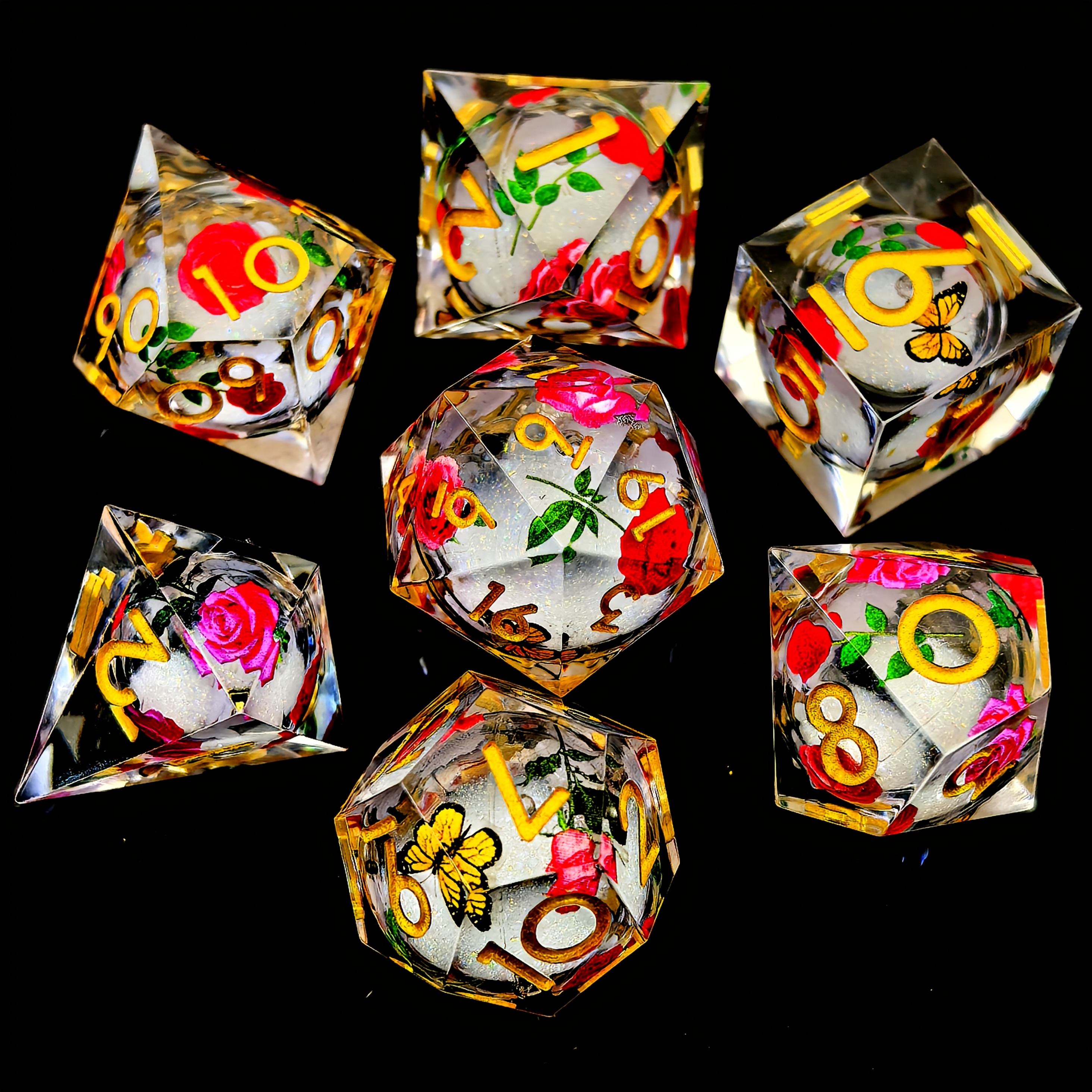 Rose Butterfly Floral Pattern DND Sharp Edge Liquid Core Resin Handmade Dice Set