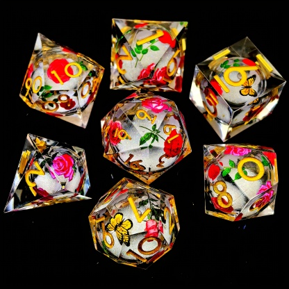 Rose Butterfly Floral Pattern DND Sharp Edge Liquid Core Resin Handmade Dice Set