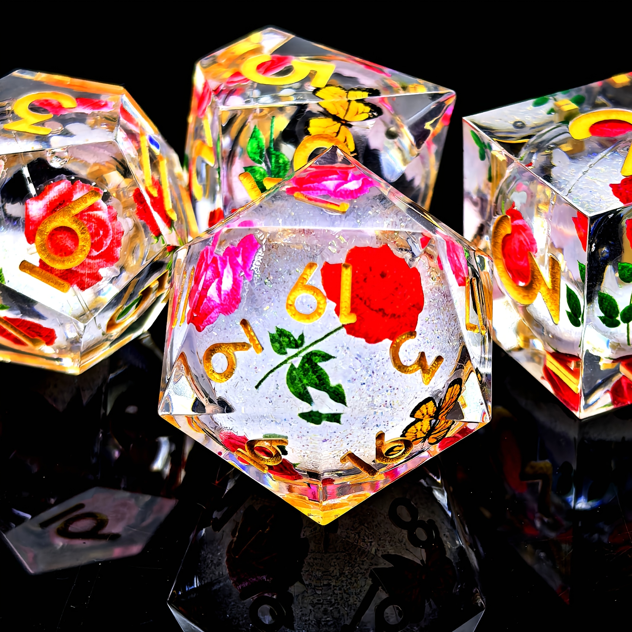 Rose Butterfly Floral Pattern DND Sharp Edge Liquid Core Resin Handmade Dice Set