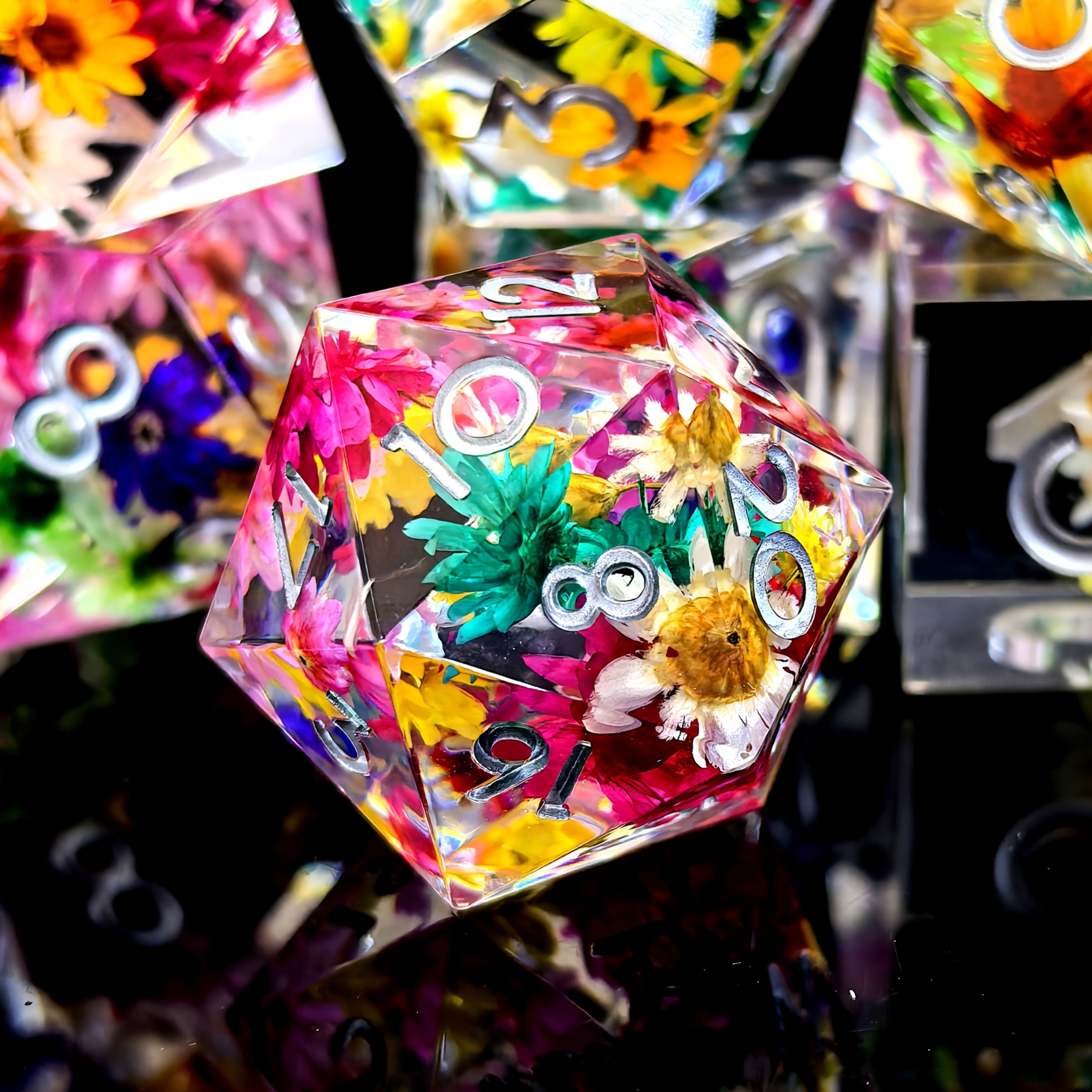 DND Resin Dice Set - Vibrant Floral & Star Design