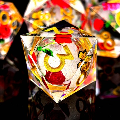 Rose Butterfly Floral Pattern DND Sharp Edge Liquid Core Resin Handmade Dice Set