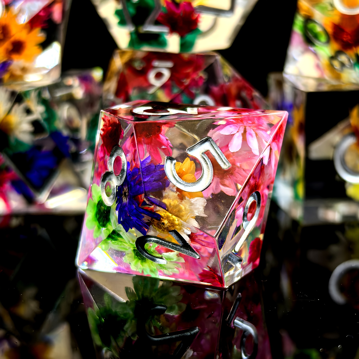 DND Resin Dice Set - Vibrant Floral & Star Design