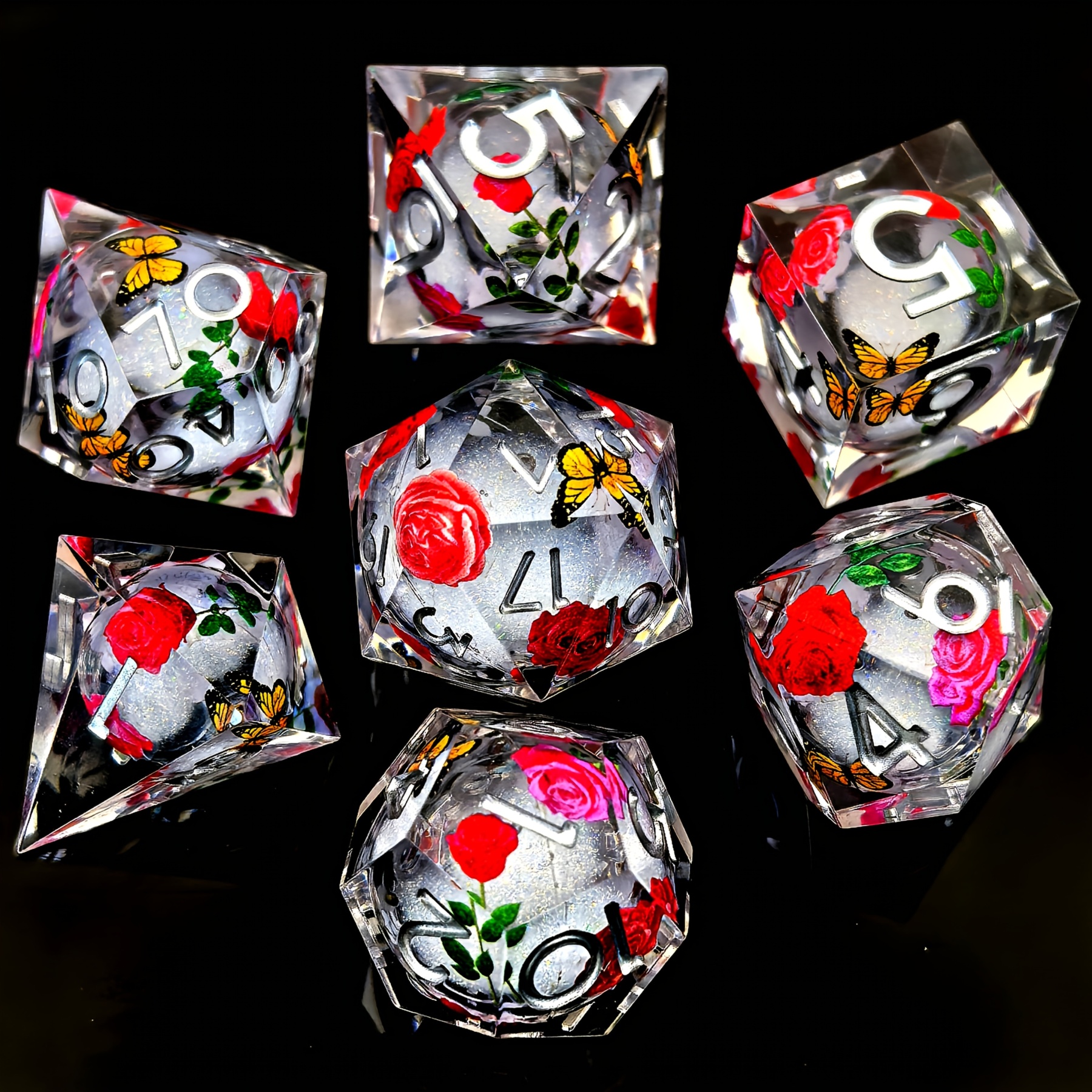 Rose Butterfly Floral Pattern DND Sharp Edge Liquid Core Resin Handmade Dice Set
