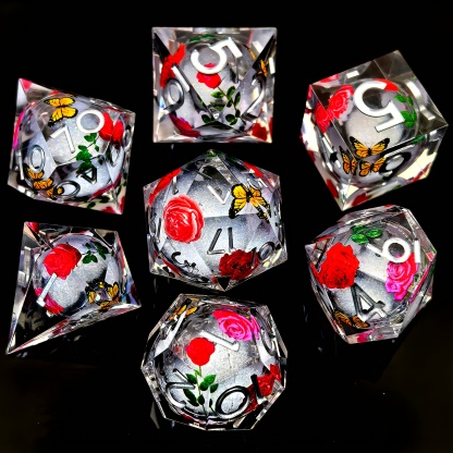 Rose Butterfly Floral Pattern DND Sharp Edge Liquid Core Resin Handmade Dice Set