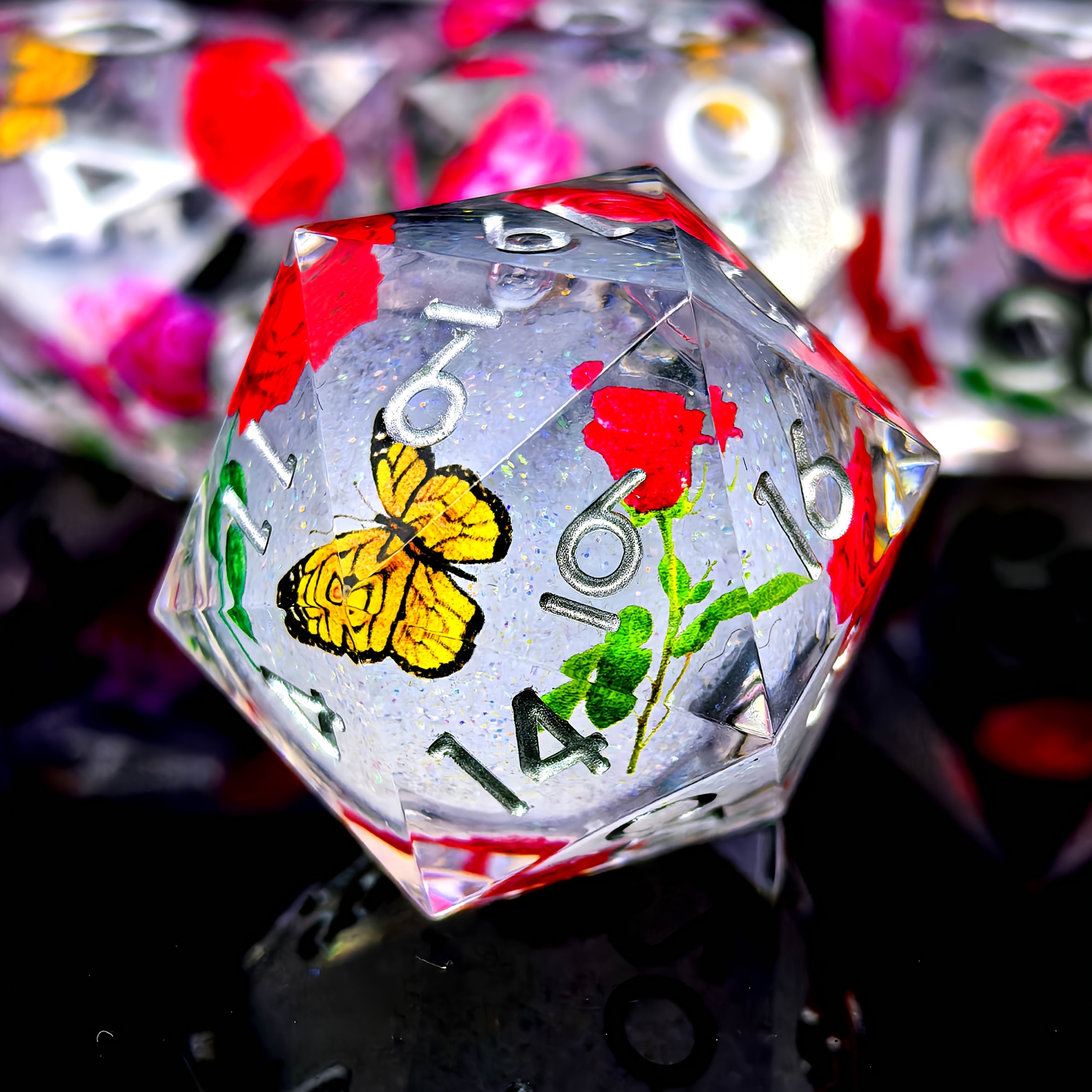 Rose Butterfly Floral Pattern DND Sharp Edge Liquid Core Resin Handmade Dice Set