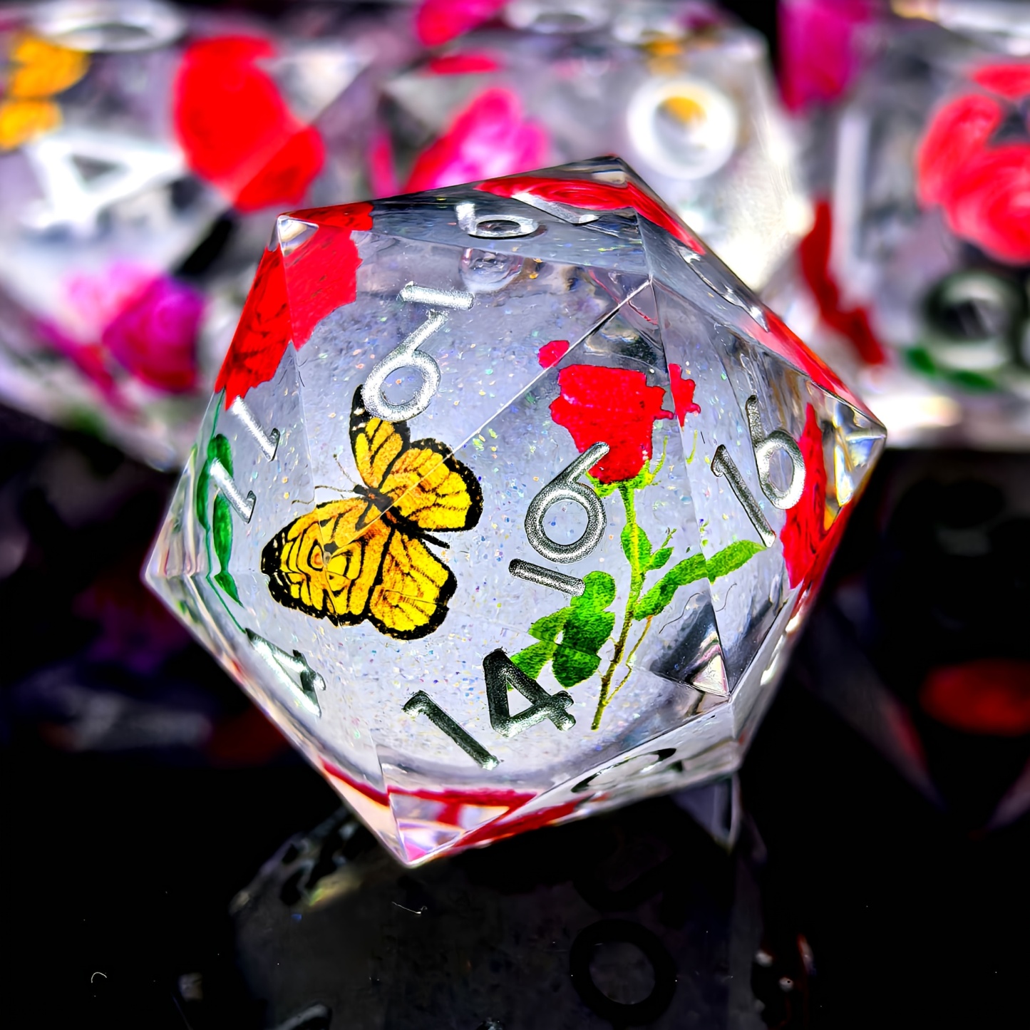 Rose Butterfly Floral Pattern DND Sharp Edge Liquid Core Resin Handmade Dice Set