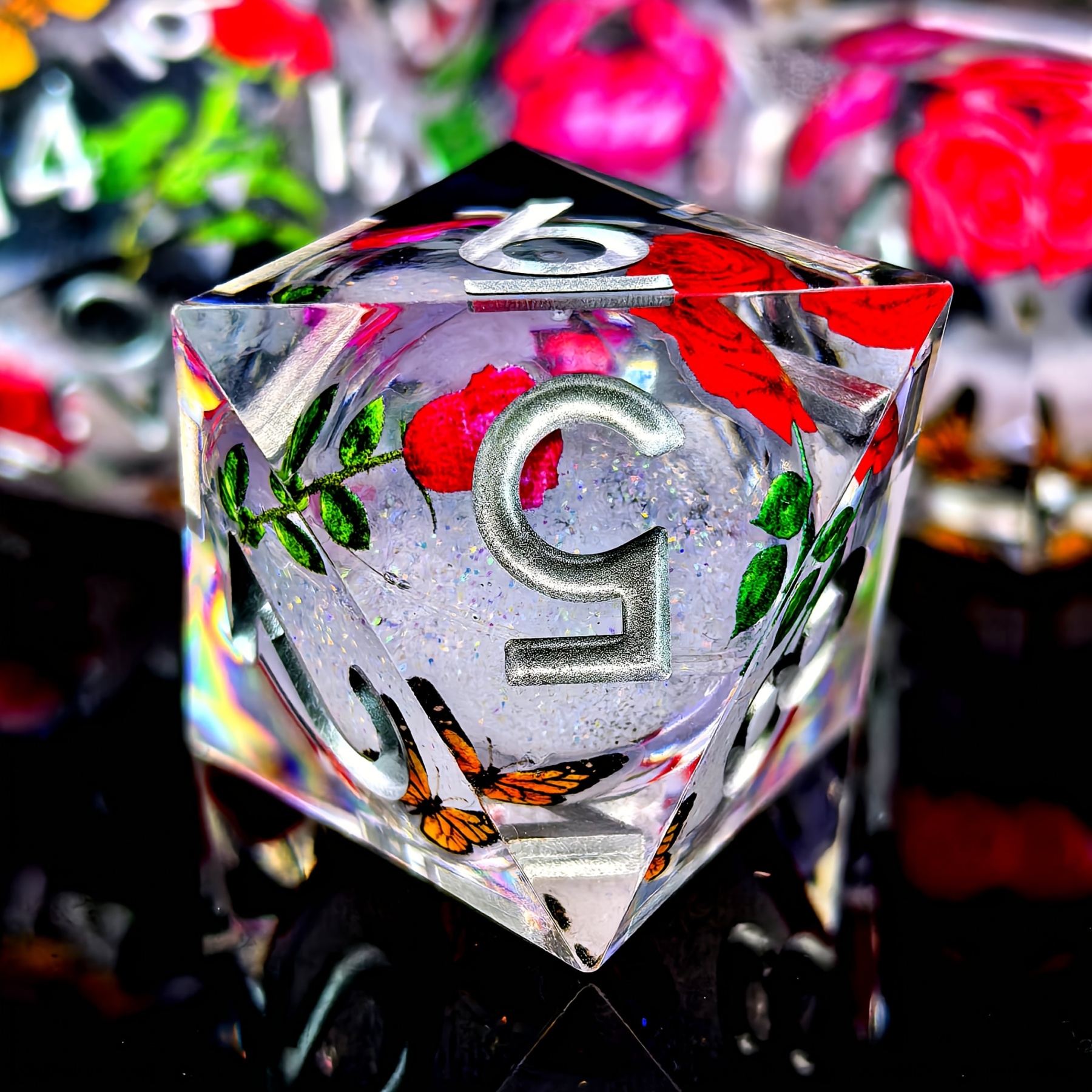 Rose Butterfly Floral Pattern DND Sharp Edge Liquid Core Resin Handmade Dice Set