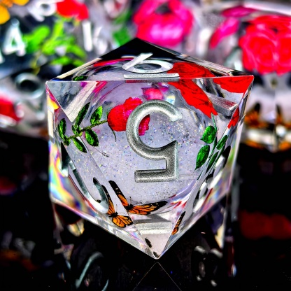 Rose Butterfly Floral Pattern DND Sharp Edge Liquid Core Resin Handmade Dice Set
