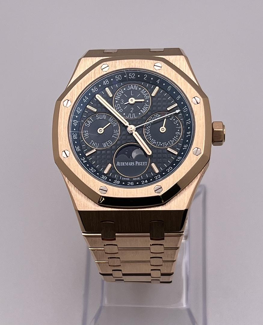 AP329 Audemars Piguet Royal Oak Perpetual Calendar Rose Gold Blue Dial 26574OR.OO.1220OR.02