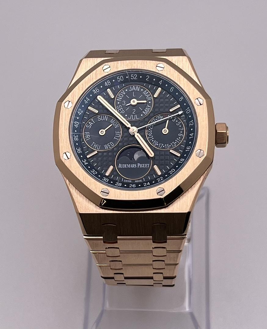 AP329 Audemars Piguet Royal Oak Perpetual Calendar Rose Gold Blue Dial 26574OR.OO.1220OR.02