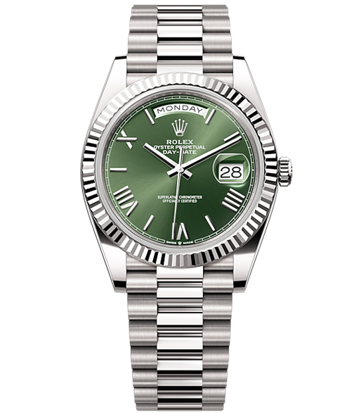 RL054 Rolex Day-Date 40 Presidential Olive green dial, Fluted Bezel, President bracelet, White gold Watch