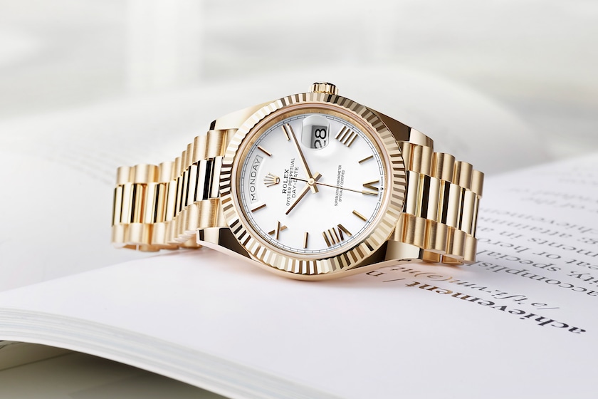 RL056 Rolex Day-Date 40 Presidential White dial, Fluted Bezel, President bracelet, Yellow gold Watch
