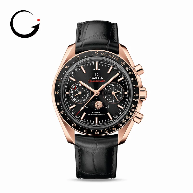 OM023 MOONPHASE CO‐AXIAL MASTER CHRONOMETER MOONPHASE CHRONOGRAPH 44.25 MM 304.63.44.52.01.001 FAVOURITES COMPARE SednaTM gold on Leather strap