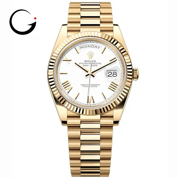 RL034 Rolex Day-Date 40 Presidential White dial, Fluted Bezel, President bracelet, Yellow gold Watch