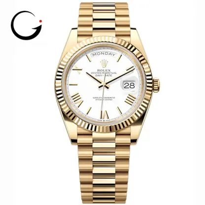 RL034 Rolex Day-Date 40 Presidential White dial, Fluted Bezel, President bracelet, Yellow gold Watch