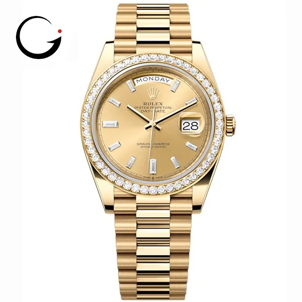 RL040 Rolex Day-Date 40 Presidential, Yellow gold, Champagne dial, Diamond Bezel, President bracelet,