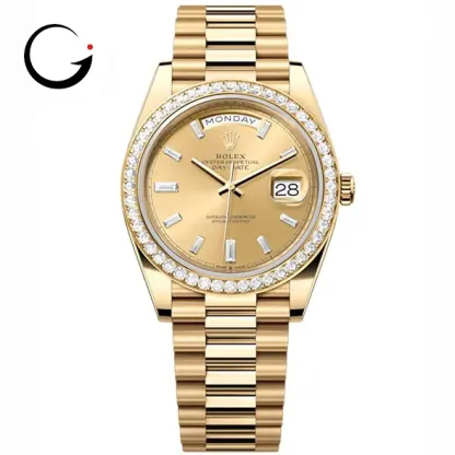 RL040 Rolex Day-Date 40 Presidential, Yellow gold, Champagne dial, Diamond Bezel, President bracelet,