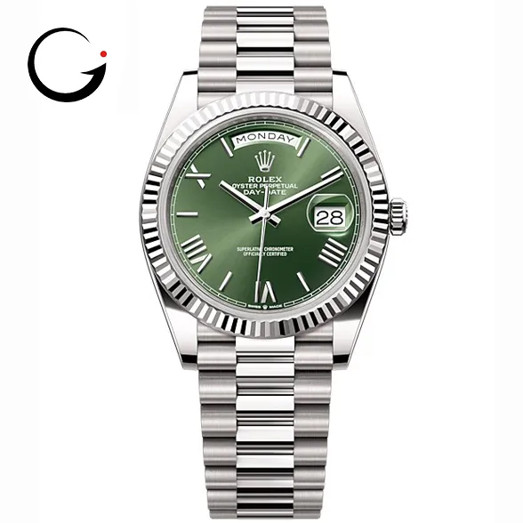 RL054 Rolex Day-Date 40 Presidential Olive green dial, Fluted Bezel, President bracelet, White gold Watch