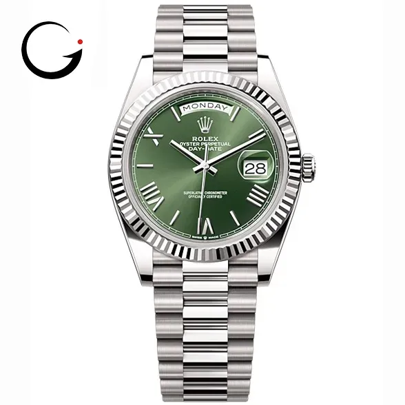 RL054 Rolex Day-Date 40 Presidential Olive green dial, Fluted Bezel, President bracelet, White gold Watch