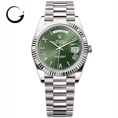 RL054 Rolex Day-Date 40 Presidential Olive green dial, Fluted Bezel, President bracelet, White gold Watch