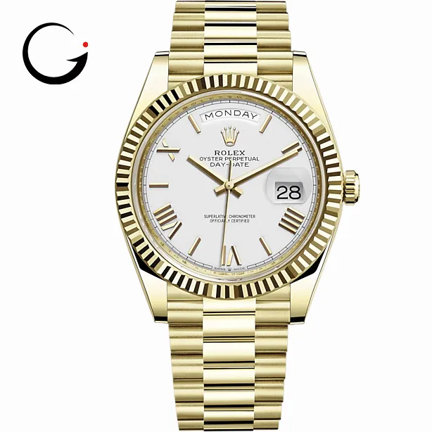 RL056 Rolex Day-Date 40 Presidential White dial, Fluted Bezel, President bracelet, Yellow gold Watch