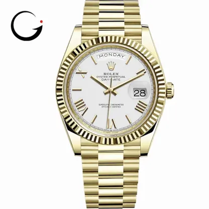 RL056 Rolex Day-Date 40 Presidential White dial, Fluted Bezel, President bracelet, Yellow gold Watch
