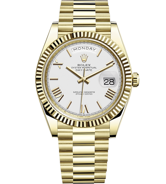 RL056 Rolex Day-Date 40 Presidential White dial, Fluted Bezel, President bracelet, Yellow gold Watch