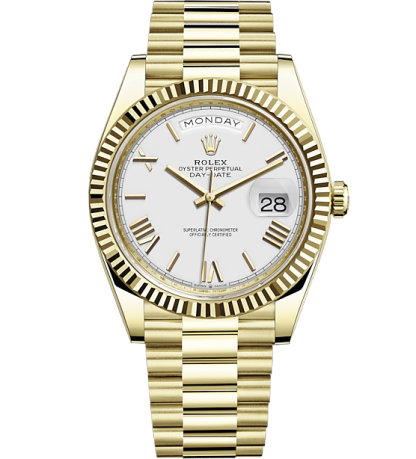 RL056 Rolex Day-Date 40 Presidential White dial, Fluted Bezel, President bracelet, Yellow gold Watch