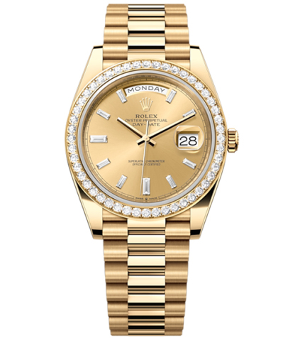 Rolex Day-Date 40 Presidential, Yellow gold, Champagne dial, Diamond Bezel, President bracelet,