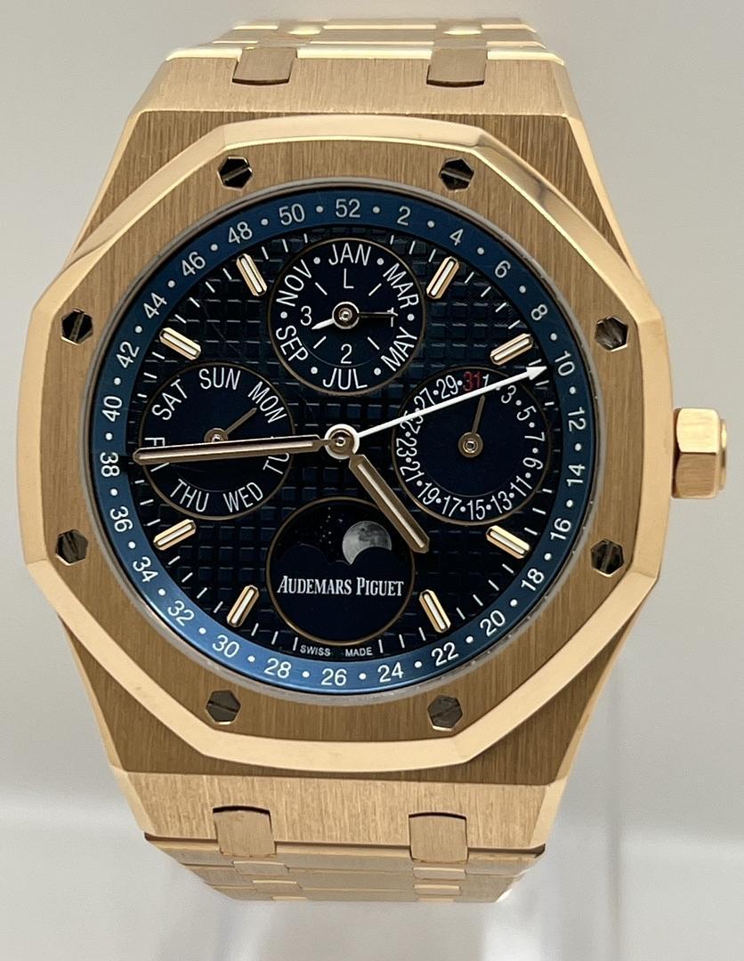 AP329 Audemars Piguet Royal Oak Perpetual Calendar Rose Gold Blue Dial 26574OR.OO.1220OR.02