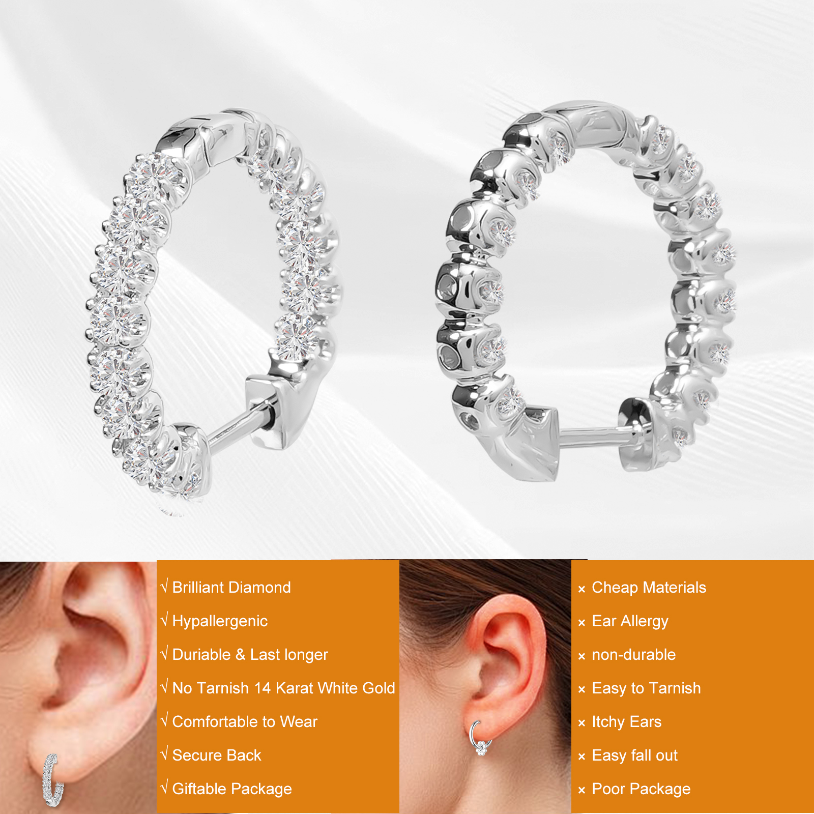VIKASI 28-Brilliant Lab-Grown Diamond Earrings | 4-Prong Setting, Solid 14K White Gold, Hypoallergenic & Gift-Ready