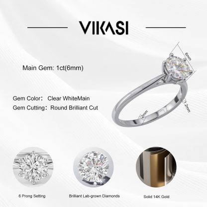 VIKASI 1ct Round Brilliant Lab-Grown Diamond Ring in Solid 14K White Gold | 6-Prong Setting, Brilliant Sparkle & Everyday Elegance