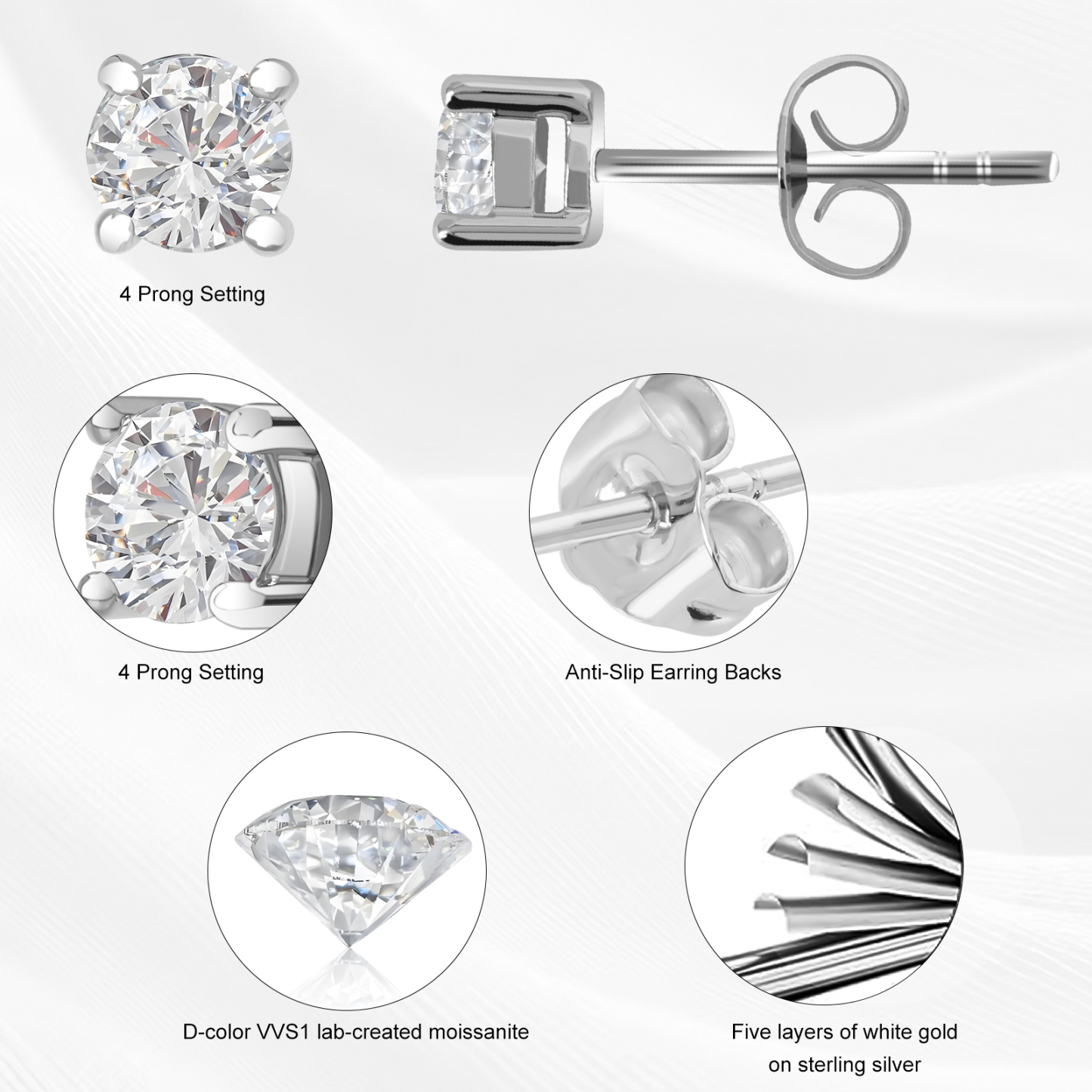 VIKASI D-Color WS1 Lab-Created Moissanite Flower Stud Earrings | 4-Prong Setting, White Gold over Sterling Silver, Anti-Slip Backs