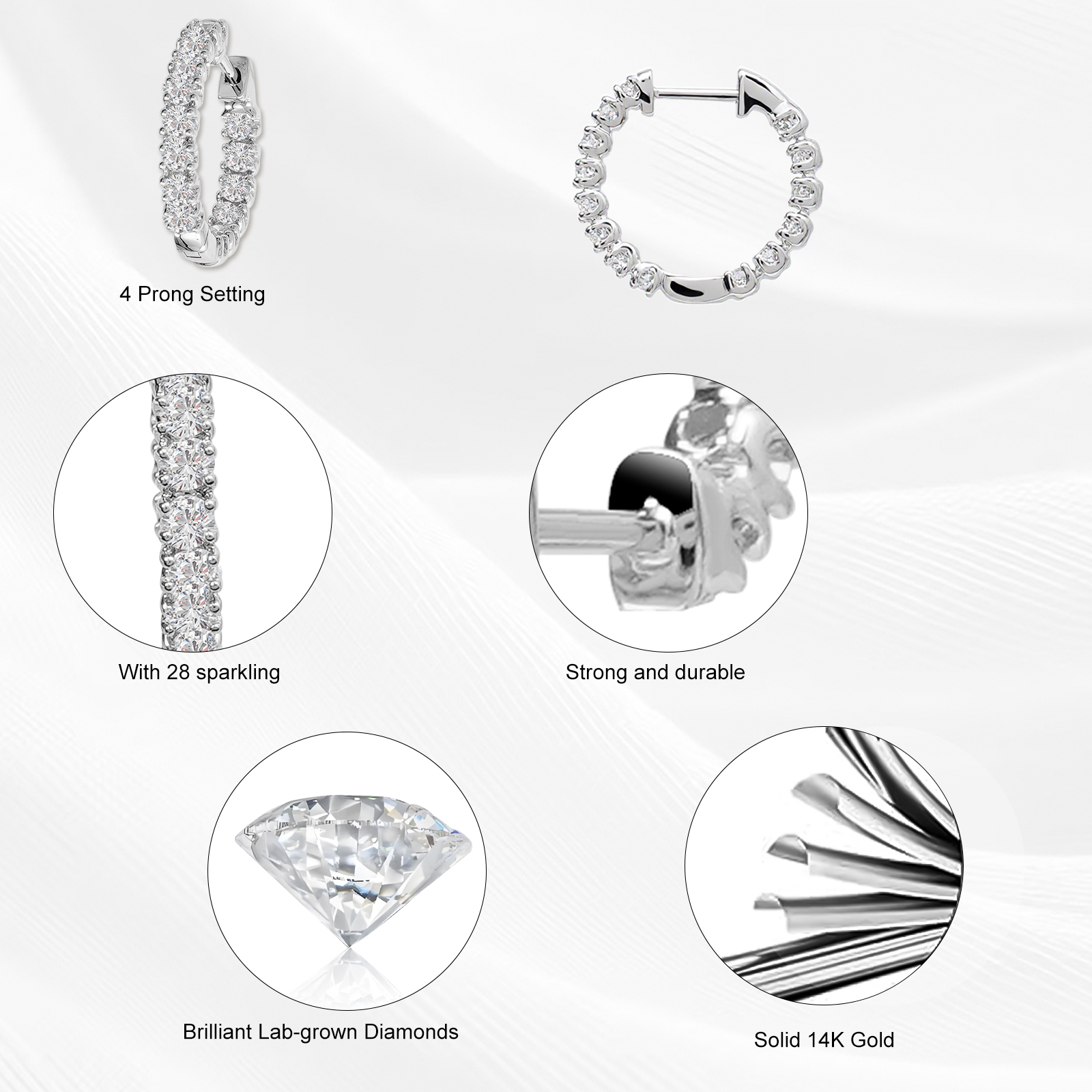 VIKASI 28-Brilliant Lab-Grown Diamond Earrings | 4-Prong Setting, Solid 14K White Gold, Hypoallergenic & Gift-Ready