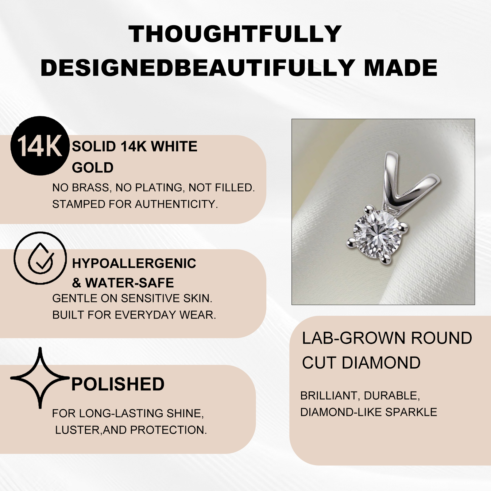 VIKASI Lab-Grown Round Cut Diamond Pendant in Solid 14K White Gold | Brilliant Sparkle, Hypoallergenic & Everyday Luxury
