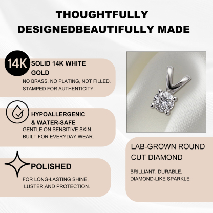 VIKASI Lab-Grown Round Cut Diamond Pendant in Solid 14K White Gold | Brilliant Sparkle, Hypoallergenic & Everyday Luxury
