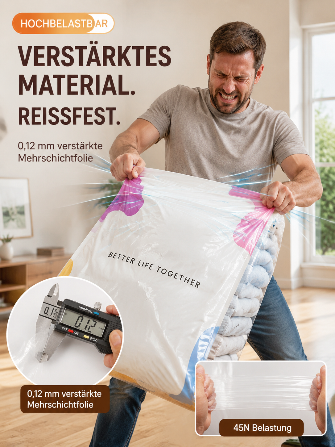 📦 TÜV Rheinland zertifizierte 3D-Vakuumkompressionsbeutel – 0,12 mm dicke, reißfeste Mehrschichtfolie, spart sofort 70 % Platz, umweltfreundlich und REACH-konform, sichern Sie sich heute 50 % Rabatt + 30-Tage-Geld-zurück-Garantie.