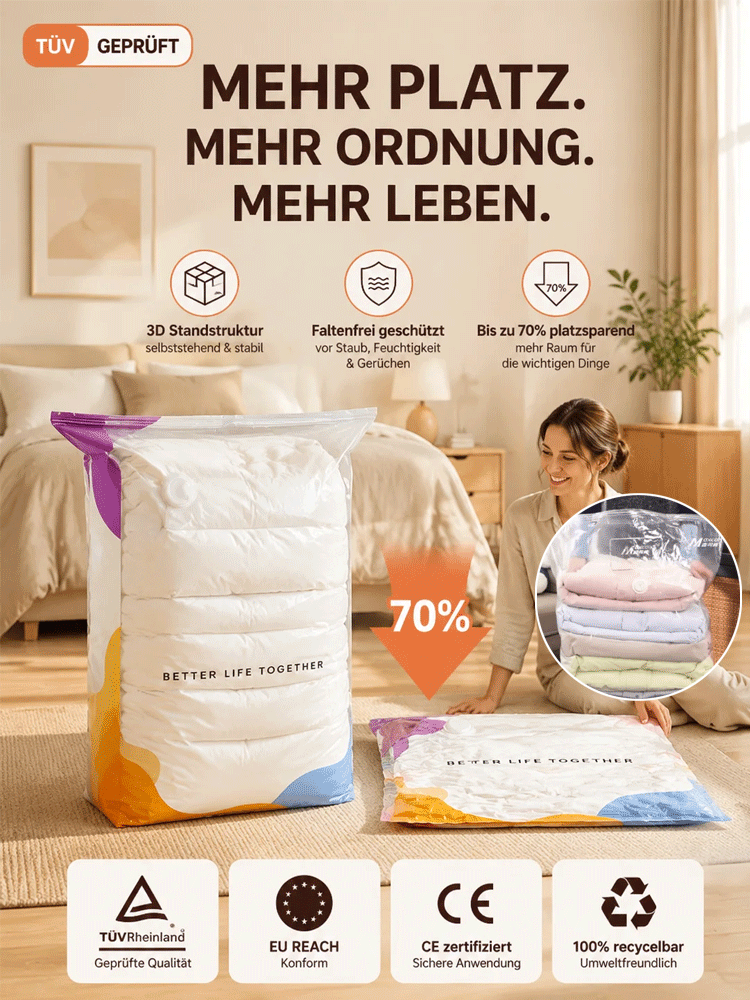 📦 TÜV Rheinland zertifizierte 3D-Vakuumkompressionsbeutel – 0,12 mm dicke, reißfeste Mehrschichtfolie, spart sofort 70 % Platz, umweltfreundlich und REACH-konform, sichern Sie sich heute 50 % Rabatt + 30-Tage-Geld-zurück-Garantie.