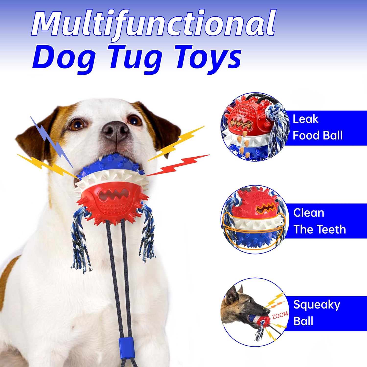 Interactive Dog Toys for Aggressive Chewers,[2025 New] Double Suction Cups Dog Toy Tug of War Indestructible, Puzzle Treat Food Dispensing Teeth Cleaning Sound Ball Toy for All Dogs