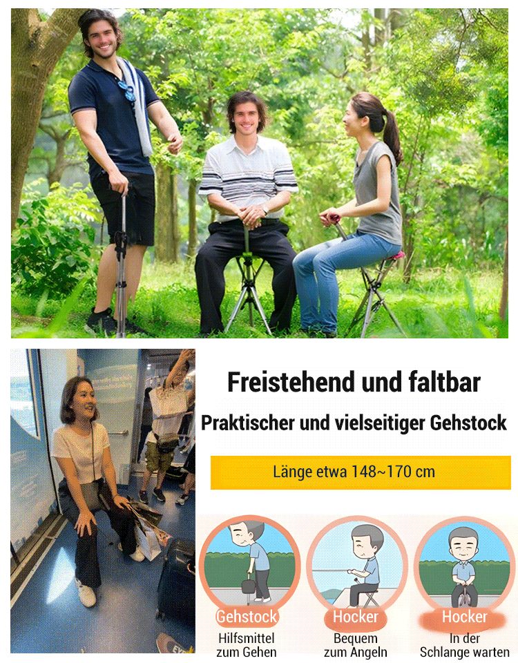 Outdoor klappbarer Gehstockstuhl, Gehstockhocker für Senioren