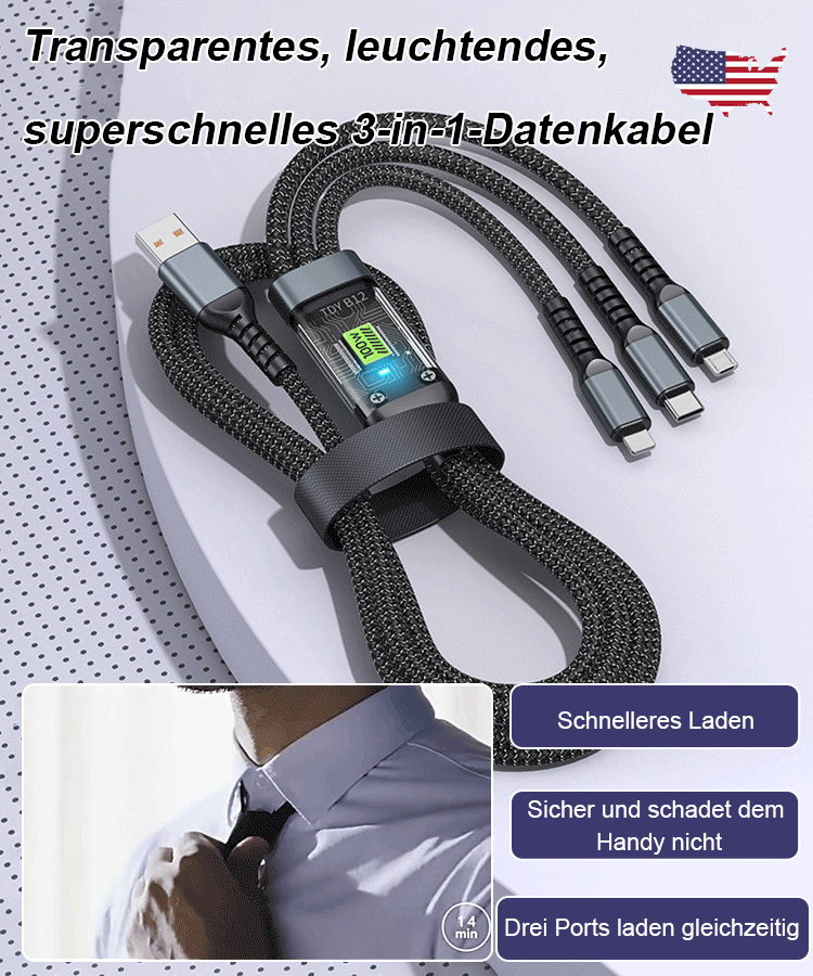 Transparentes Licht-emittierendes superschnelles Lade 3-in-1 Datenkabel