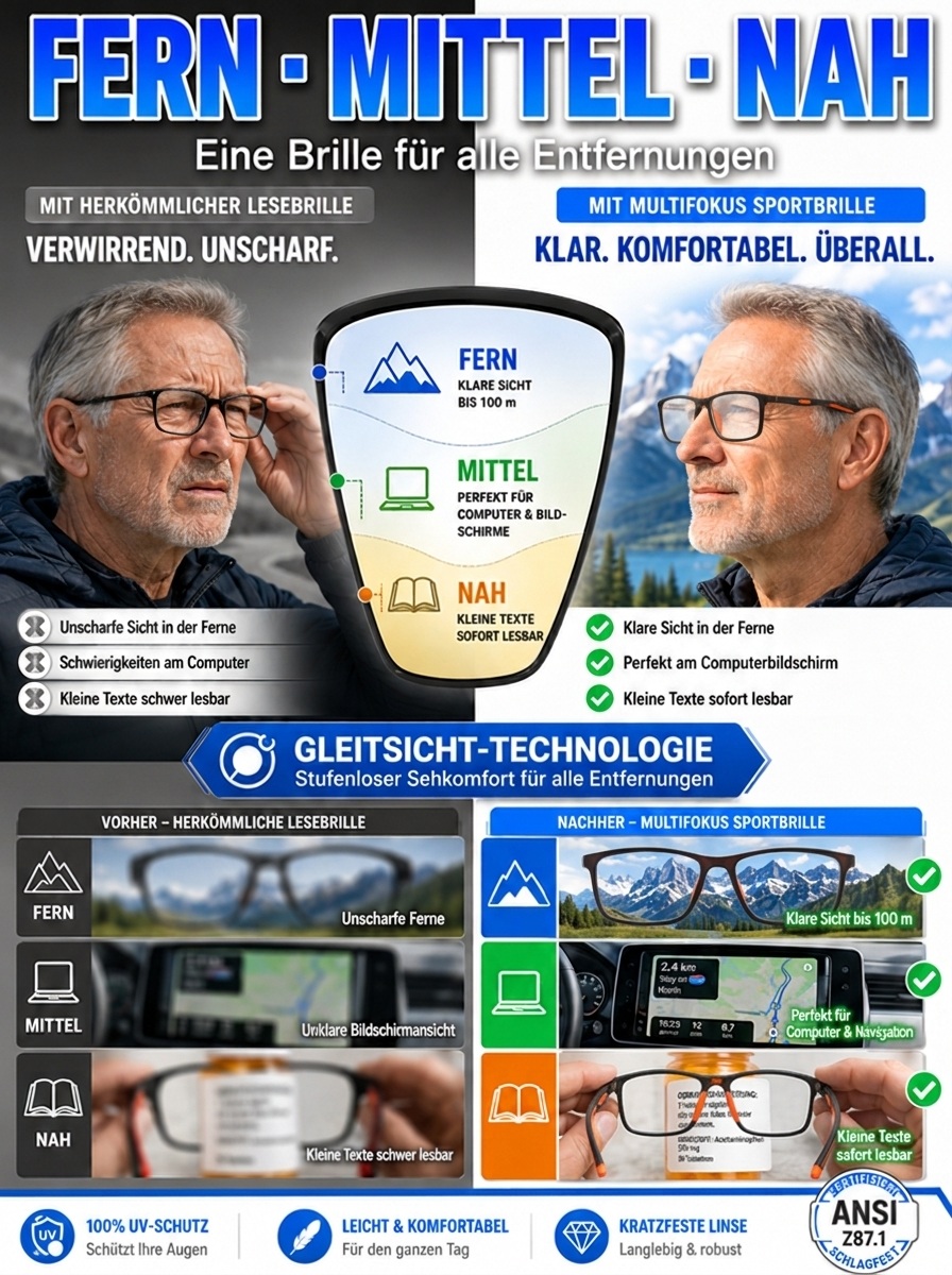 👓Erlebedie ultimative Freiheit mit unserer selbsttönenden Sport-Lesebrille! ✨ 4-in-1: Automatische Lesebrille + Premium-Sonnenbrille + Nachtsichtbrille + Sportbrille