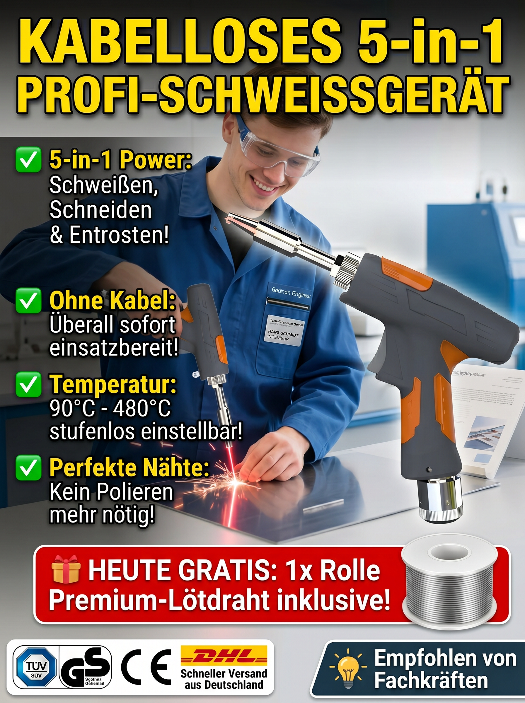  【90 ℃-480 ℃ einstellbar】 Handheld-Laserschweißmaschine